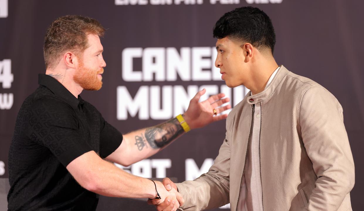 BEVERLY HILLS, CALIFORNIA - MARCH 19: Canelo Alvarez and Jaime Munguia shake hands during a news conference to preview their super middleweight fight at The Beverly Hills Hotel on March 19, 2024 in Beverly Hills, California. (Photo by Katelyn Mulcahy/Getty Images)