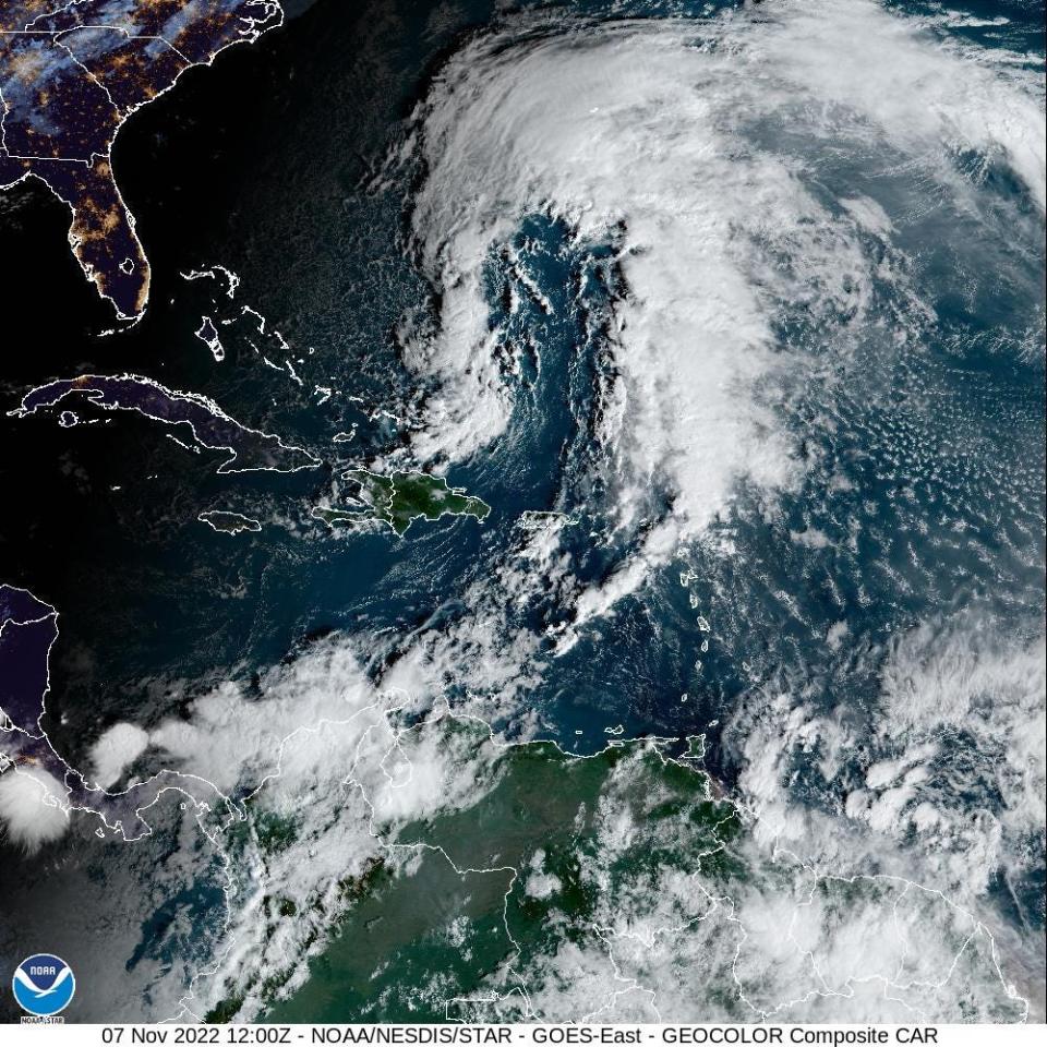 A satellite picture of Subtropical Storm Nicole, east of the Bahamas, as of Monday morning.