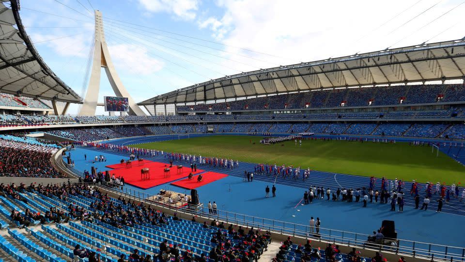 The opening ceremony of Cambodia's Morodok Techo National Stadium, funded by China's Belt and Road Initiative, in Phnom Penh on December 18, 2021. - Lon Jadina/AFP/Getty Images