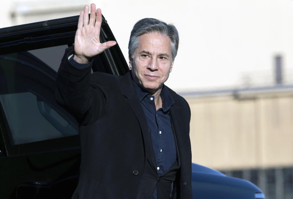 US Secretary of State Antony Blinken arrives board his aircraft prior to departure, Monday, Nov. 27, 2023, at Andrews Air Force Base, Md., as he travels to Brussels for a NATO Foreign Ministers meeting. (Saul Loeb/Pool via AP)