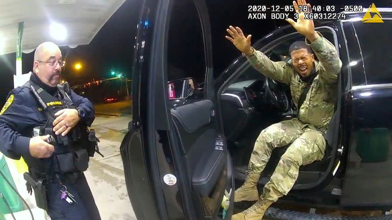 U.S. Army 2nd Lieutenant Caron Nazario exits after being sprayed at a gas station during violent traffic stop in Windsor