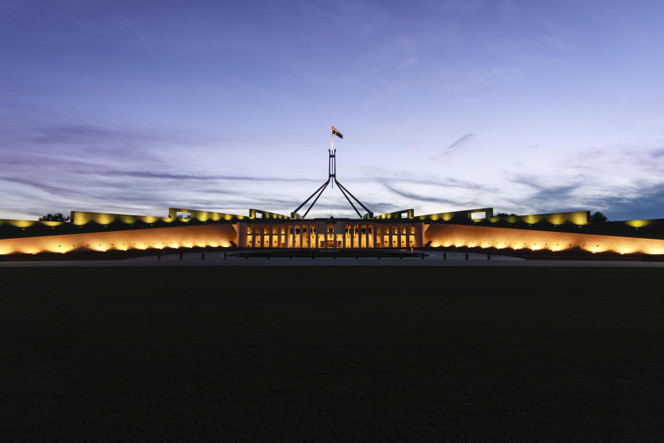 Australian Parliament House in the evening.