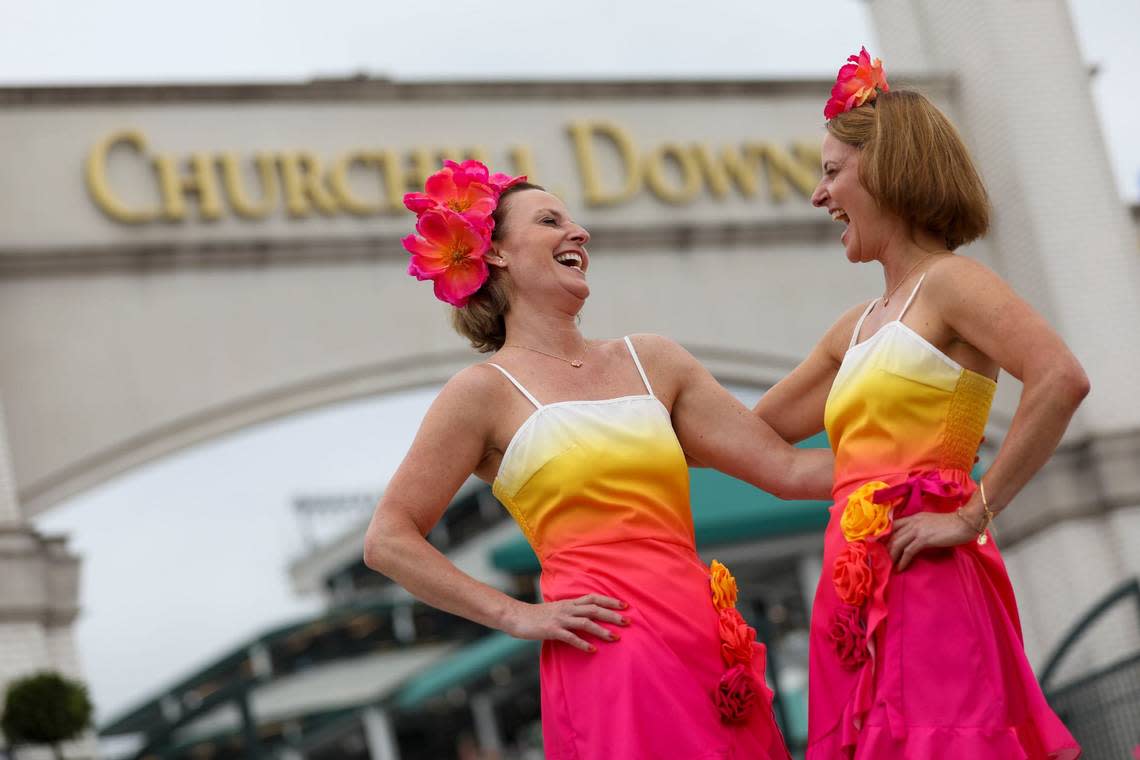 Twins Lila Richardson and Lisa Koehlen celebrate their 50th birthday during Kentucky Derby 150 at Churchill Downs in Louisville, Ky., Saturday, May 4, 2024. Amy Wallot