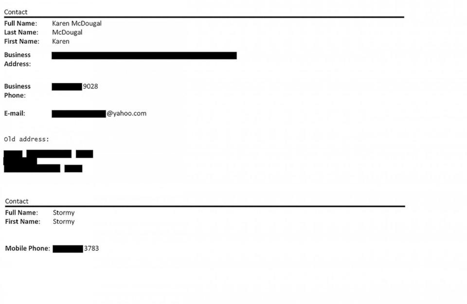 PHOTO: Contact entries in the Trump Organization's computer system for Stormy Daniels and Karen McDougal are seen in a prosecution exhibit from Donald Trump's hush money trial. (Manhattan District Attorney's Office)