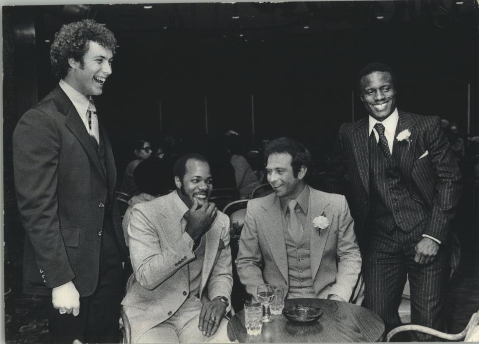 Four Milwaukee Brewers joked around Sunday night at the 28th annual Diamond Dinner in the Pfister Hotel in 1979. From left were Lary Sorensen, Cecil Cooper, Mike Caldwell and Ben Oglivie. All but Caldwell were all-stars during their time with the Brewers.