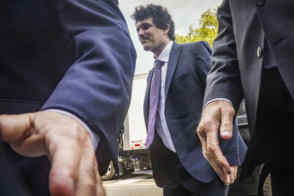 FTX founder Sam Bankman-Fried arrives at Manhattan federal court, Friday, Aug. 11, 2023, in New York. York. Bankman-Fried returned to New York City for a bail hearing Friday that could decide whether the fallen cryptocurrency wiz must go to jail while he awaits trial. (AP Photo/Bebeto Matthews)