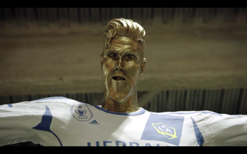 James Corden unveils prank statue of David Beckham
