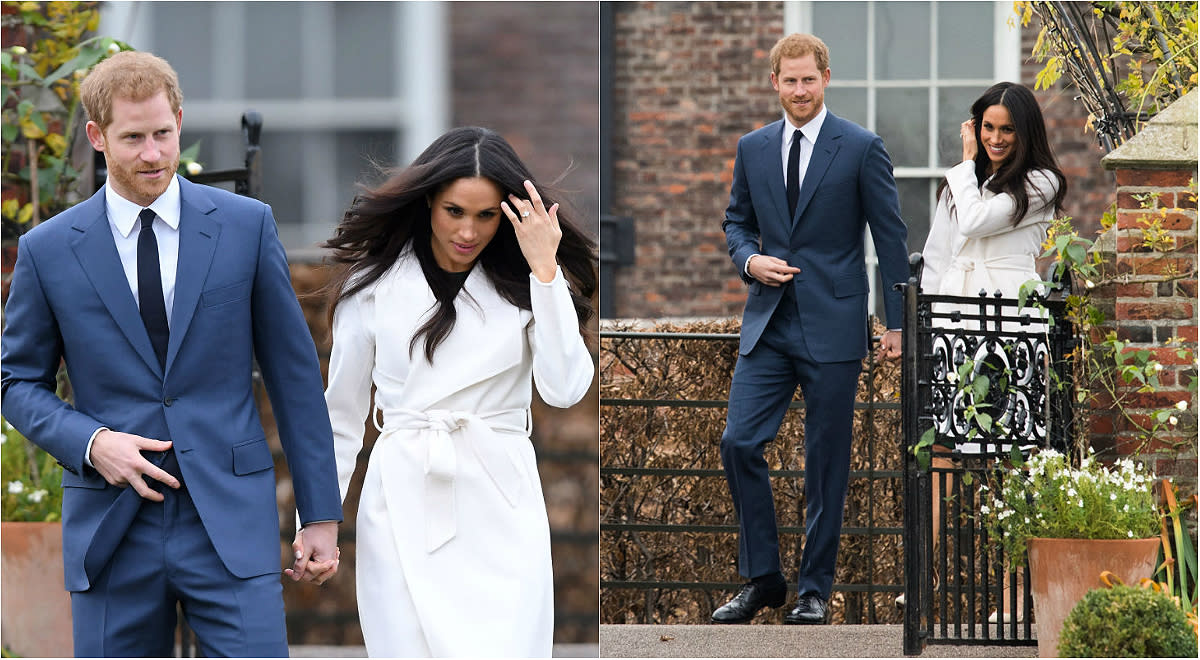 Markle touched her hair a few times during her official engagement announcement — in the photos above, it might have represented a soothing gesture.(Photos: Getty)