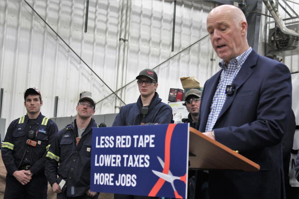 Montana Gov. Greg Gianforte speaks to employees of the Calumet Montana refinery in Great Falls following a tour of the plant last Wednesday.