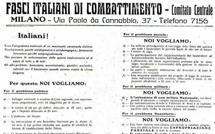The platform of Fasci Italiani di Combattimento - Credit: Il Popolo d'Italia/Wikipedia Commons