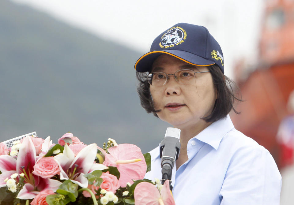 CORRECTS DATE - Taiwan's President Tsai Ing-wen delivers a speech during an offshore anti-terrorism drill outside the Taipei harbor in New Taipei City, Taiwan, Saturday, May 4, 2019. The drill aims to test the ability of local law enforcement agencies in preventing a potential terrorist attack. (AP Photo/Chiang Ying-ying)