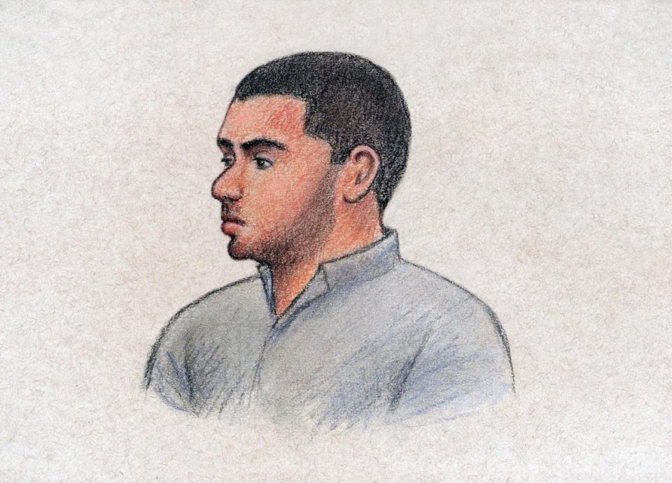 A court sketch of 19-year-old Febrio De-Zoysa, who has been charged with six counts of first-degree murder and one count of attempted murder.