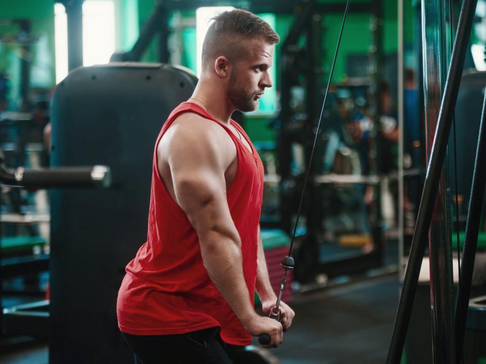 A man doing a triceps pushdown exercise on a gym machine