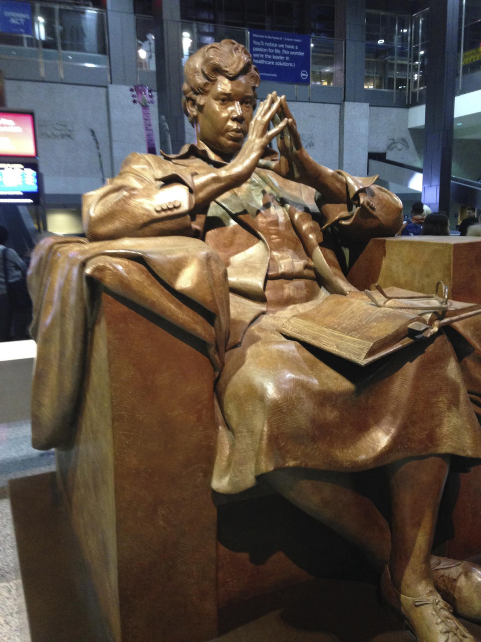 In this Nov. 18, 2015 photo, a statue of former U.S. Rep. Barbara Jordan, the first African American elected to the Texas Senate after Reconstruction and the first Southern African-American woman elected to the U.S. House of Representatives, sits at the Austin-Bergstrom International Airport in Austin, Texas. Jordan is another figure who activists say needs to be honored. (AP Photo/ Russell Contreras)