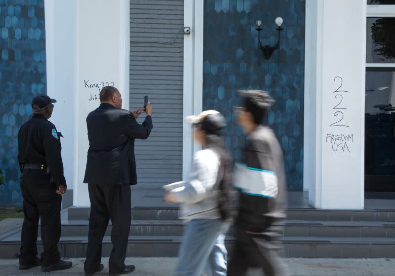 LOS ANGELES, CA - APRIL 10: The Islamic Center of Southern California in Los Angeles was vandalized early Easter morning. A security camera captured an image of the suspect. Law enforcement officials and religious leaders held a press conference on Monday, April 10, 2023 denouncing the act and vowing to catch the suspect. (Myung J. Chun / Los Angeles Times)