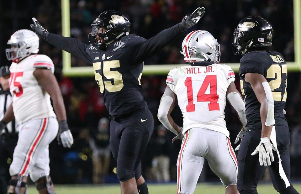 Purdue linebacker Derrick Barnes celebrates after breaking up a pass intended for Ohio State receiver K.J. Hill on Oct. 20, 2018.