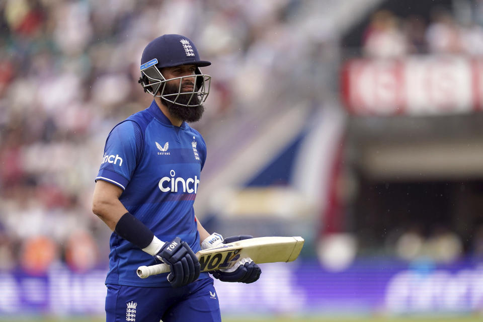 England's Moeen Ali walks off the pitch after losing his wicket during the second one day international cricket match between England and New Zealand, at The Ageas Bowl, Southampton, England, Sunday Sept. 10, 2023. (John Walton/PA via AP)