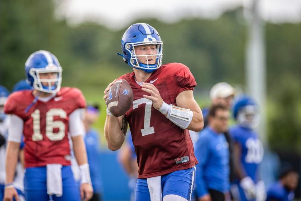 Will Levis looks to pass during Kentucky’s open practice and Fan Day on Saturday. The second-year UK quarterback will lead the 21st-ranked Wildcats into their season opener on Sept. 3.