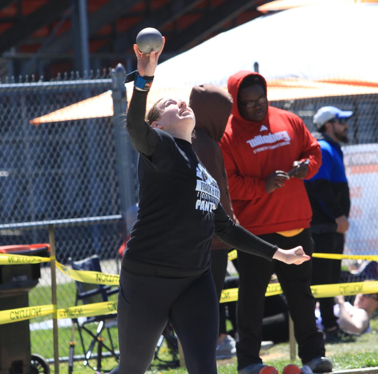 Maysville's Isabella Van Wey throws the shot put during Heath's Hank Smith Invitational on Saturday, April 13, 2024.