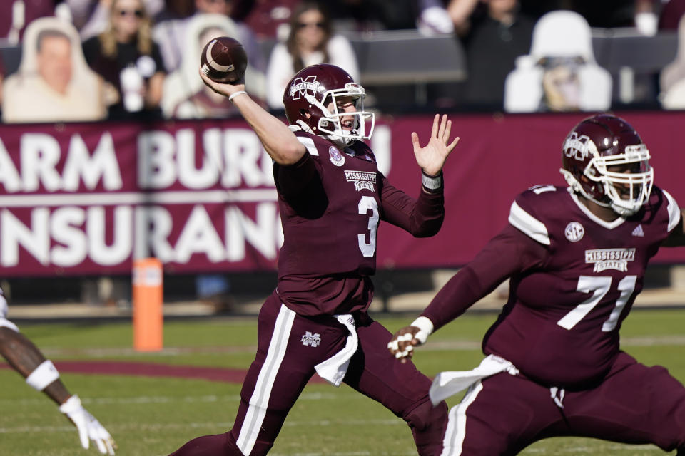 Mississippi State quarterback K.J. Costello (3) passes against Texas A&M during the first half of an NCAA college football game in Starkville, Miss., Saturday, Oct. 17, 2020. (AP Photo/Rogelio V. Solis)