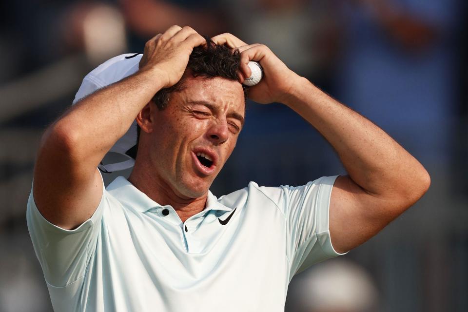 Rory McIlroy reacts to missing a par putt on the final green at the 2024 US Open