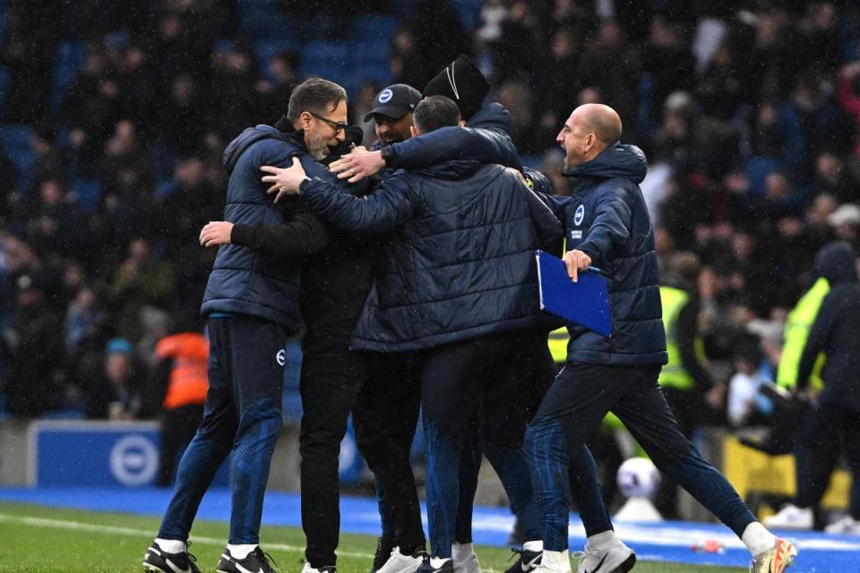 Albion v Nottingham Forest at the Amex on March 10. Brighton head coach Roberto De Zerbi and his assistant Andrea Maldera celebrate after the final whistle .