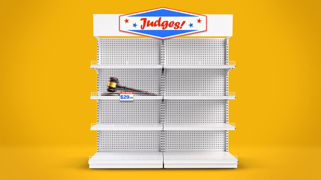  Illustration of a supermarket shelf with a judge's gavel on sale. 