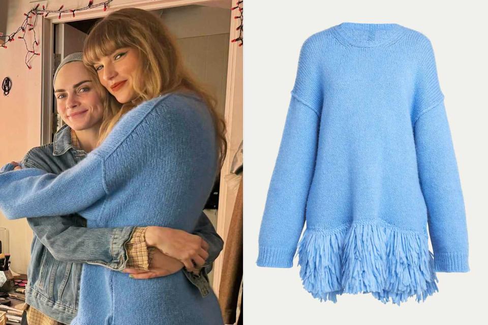 <p>Cara Delevingne/Instagram; STELLA MCCARTNEY</p> Taylor Swift aced the sweater dress look while visiting Cara Delevingne in London