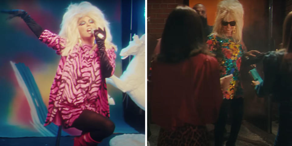 Two photos of Shania Twain from her Waking Up Dreaming wearing a large blonde wig in 80s styled clothing