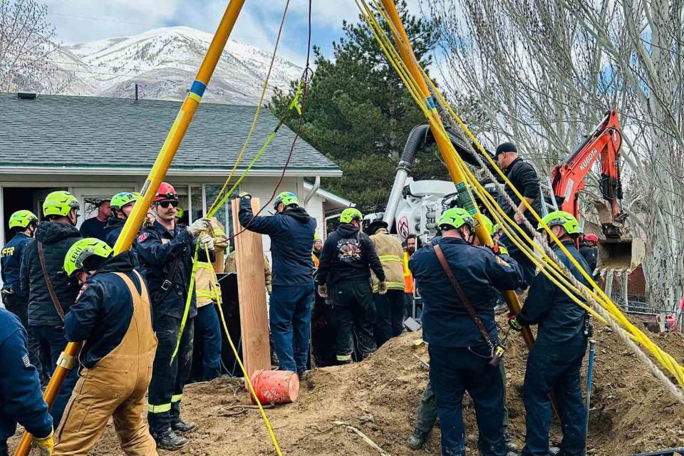 <p>American Fork Fire & Rescue</p> A worker in Utah was rescued after he was “buried up to his chin” in a trench collapse in Utah on Tuesday, authorities said. 