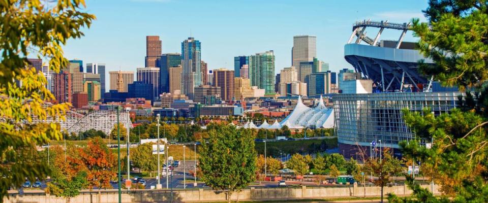 Denver Cityscape Colorado. Downtown Denver Skyline and the Mile High Stadium. Colorado, United States.