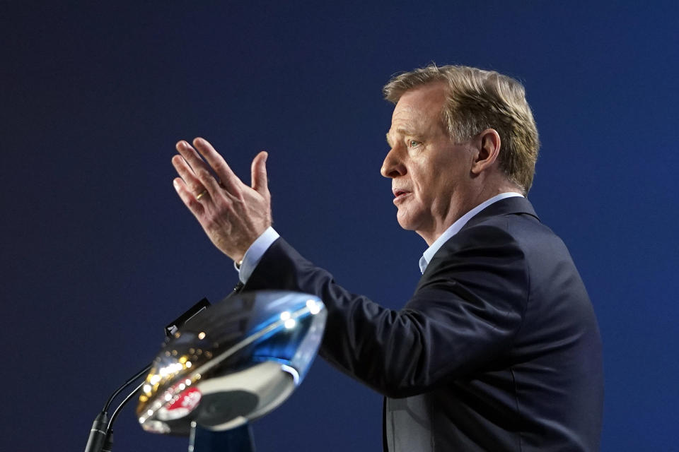 NFL Commissioner Roger Goodell answers a question during a news conference before Super Bowl LIV. (AP Photo/David J. Phillip)