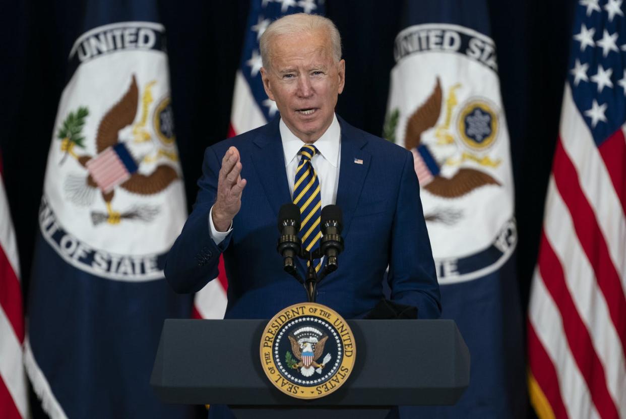 <span class="caption">Shortly after taking office, President Biden declared that the the U.S. would no longer roll over in the face of Russian cyberattacks.</span> <span class="attribution"><a class="link " href="https://newsroom.ap.org/detail/Biden/29e09be03a1948fca6c2bc88ff5d40d5/photo" rel="nofollow noopener" target="_blank" data-ylk="slk:AP Photo/Evan Vucci;elm:context_link;itc:0;sec:content-canvas">AP Photo/Evan Vucci</a></span>