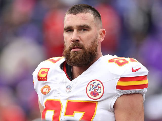 <p>Patrick Smith/Getty </p> Travis Kelce at the AFC Championship Game in January 2024