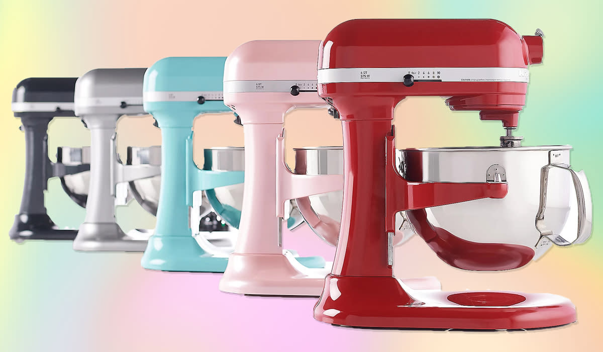 five assorted colors of the KitchenAid Pro 600 mixer