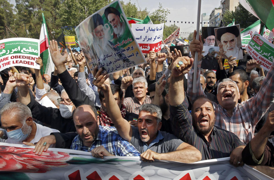 <b>Tehran, Iran </b>Thousands of people marched through Iran's capital during a pro-hijab rally Friday, Sept. 23, 2022 paying tribute to security forces who have moved to quell a week of protests by what media called "conspirators".<span class="copyright">AFP/Getty Images</span>