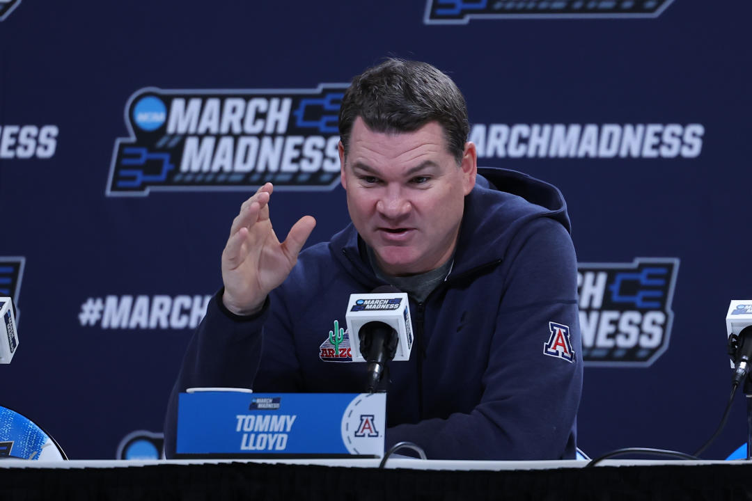 March 20, 2024. Salt Lake City, Utah, USA. Arizona Wildcats' head coach, Tommy Lloyd, addresses the media during his NCAA first round practice session at his center in Delta. Required Credit: Rob Gray-USA TODAY Sports