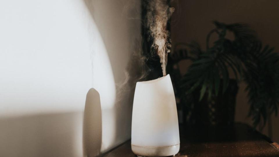 A simple white oil diffuser spritzing a light mist of water and aromatherapy blended oils into the air: What does a humidifier do? 
