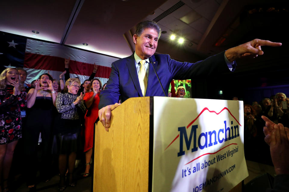 CHARLESTON, WV - NOVEMBER 06: Sen. Joe Manchin (D-WV) celebrates at his election day victory party at the Embassy Suites on November 6, 2018 in Charleston, West Virginia. Manchin won his second full Senate term after he defeated West Virginia Republican Senate Candidate Patrick Morrisey. (Photo by Patrick Smith/Getty Images)