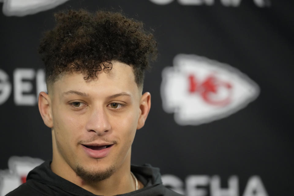 Kansas City Chiefs quarterback Patrick Mahomes talks during a news conference after an NFL football game against the Denver Broncos, Sunday, Dec. 11, 2022, in Denver. (AP Photo/David Zalubowski)