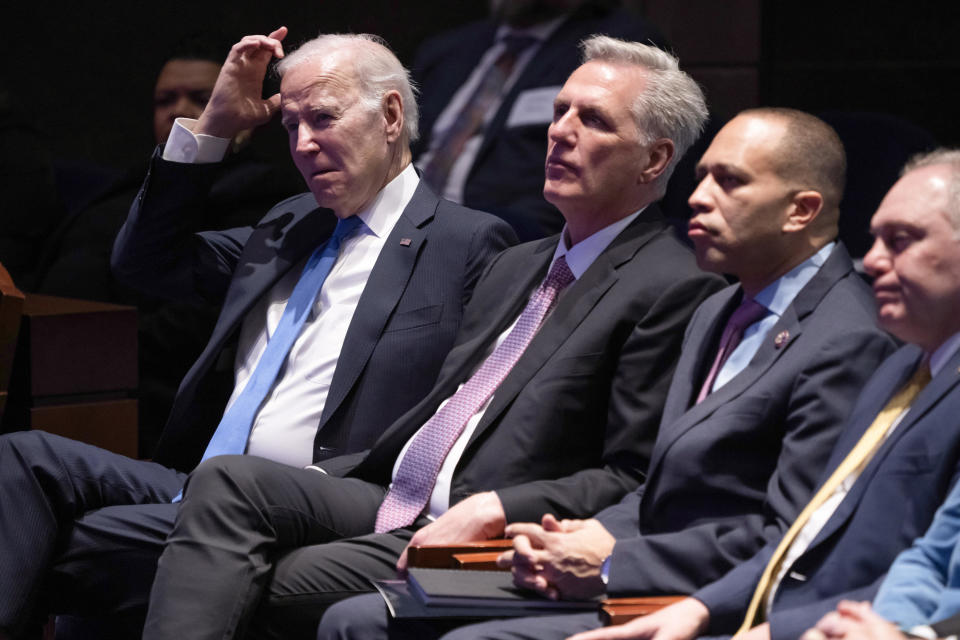 From left, President Joe Biden, Speaker of the House Kevin McCarthy, R-Calif., House Minority Leader Hakeem Jeffries, D-N.Y., and House Majority Leader Steve Scalise, R-La. / Credit: J. Scott Applewhite / AP