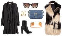 <p>Bring that black ruffled dress that you’ve been wearing all summer back into the rotation by layering with a few key fall pieces. (A shearling or faux fur vest is a good start.) Throw on a good black bootie, pile on the jewelry and you’re ready for a fun night out on the town. </p>