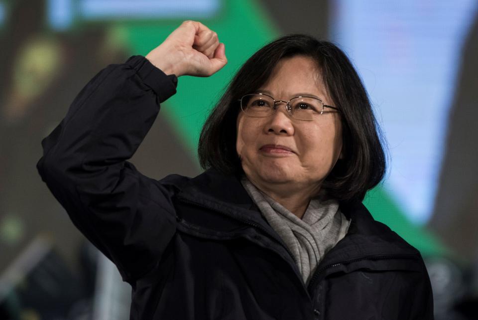 TAIPEI, TAIWAN - JANUARY 14: Democratic Progressive Party (DPP) presidential candidate Tsai Ing-wen greets her supporters during a rally in Taoyuan City near Taipei on January 14, 2016. Taiwan's voters, angry at low salaries and unaffordable housing, are set to elect a new president. The island's flagging fortunes and a slowdown in China makes an uncertain future for the new government.  (Photo by Xaume Olleros/Anadolu Agency/Getty Images)