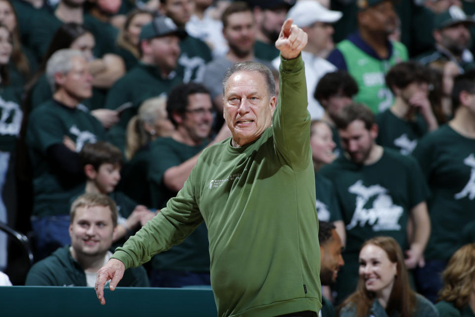 Michigan State coach Tom Izzo reacts during the second half of the team's NCAA college basketball game against Nebraska, Tuesday, Jan. 3, 2023, in East Lansing, Mich. Michigan State won 74-56. (AP Photo/Al Goldis)