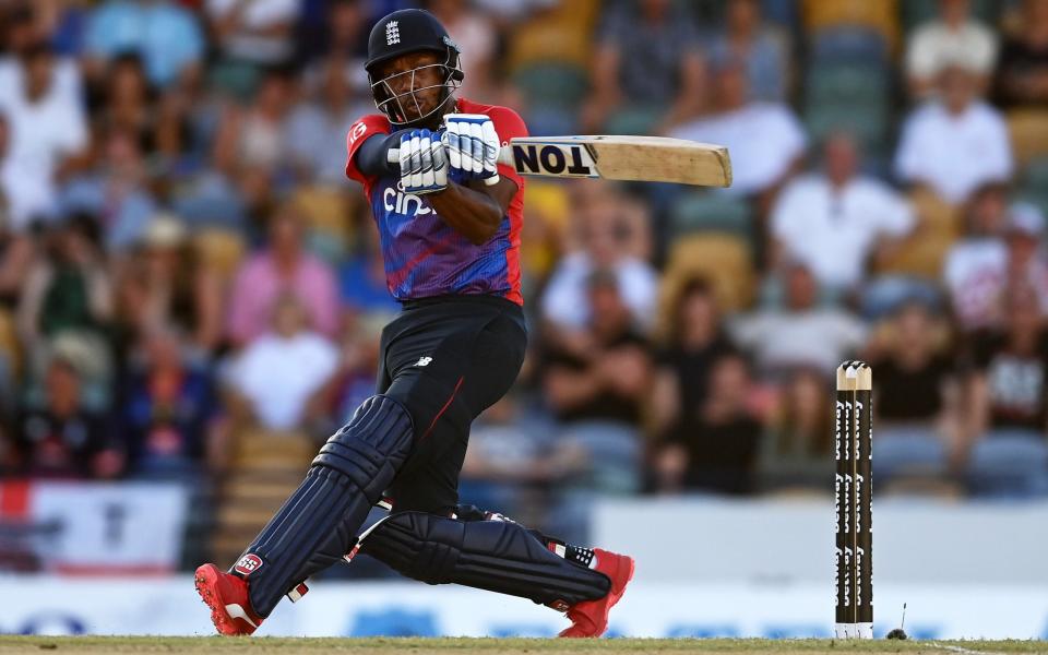 Chris Jordan of England plays a shot during the T20 match against West Indies at Kensington Oval on January 23, 2022 in Barbados