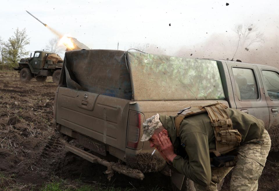 Artillerymen of the Ukrainian 80th separate airborne assault brigade fire from a BM-21 Grad multiple rocket launcher towards Russian positions on the frontline near Bakhmut in the Donetsk region, on 18 April, 2023, amid the Russian invasion of Ukraine (AFP via Getty Images)