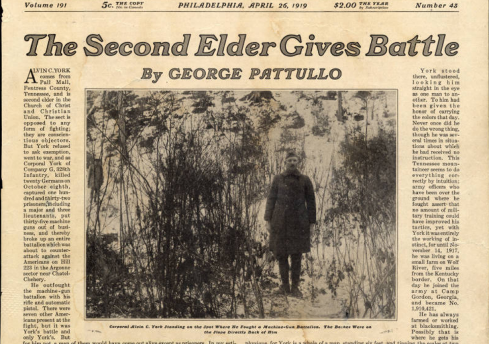 Alvin C. York’s heroism went unnoticed in the United States, even in Tennessee, until the publication of the April 26, 1919, issue of the An article published in the Saturday Evening Post, titled ‘The Second Elder Gives Battle’, was written by journalist George Patullo in the spring of 1919. He would be one of the first to relay the story of Sgt Alvin York’s bravery, that would soon become legend (‘The Second Elder Gives Battle,’ magazine article by George Pattullo/Tennessee State Library and Archives)