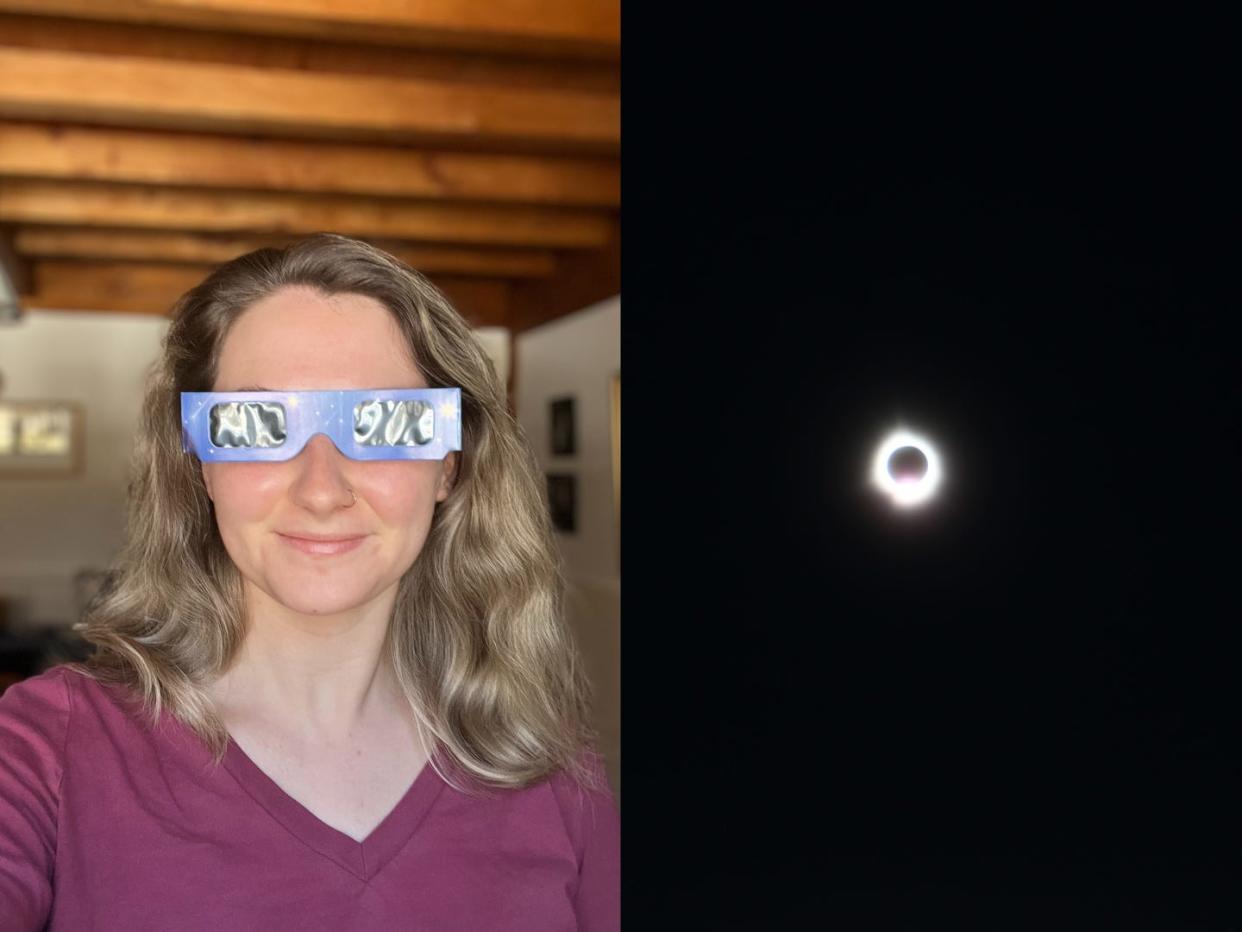 A side-by-side of a selfie of reporter Ellyn Lapointe wearing eclipse glasses next to a photo of the total solar eclipse on April 8.