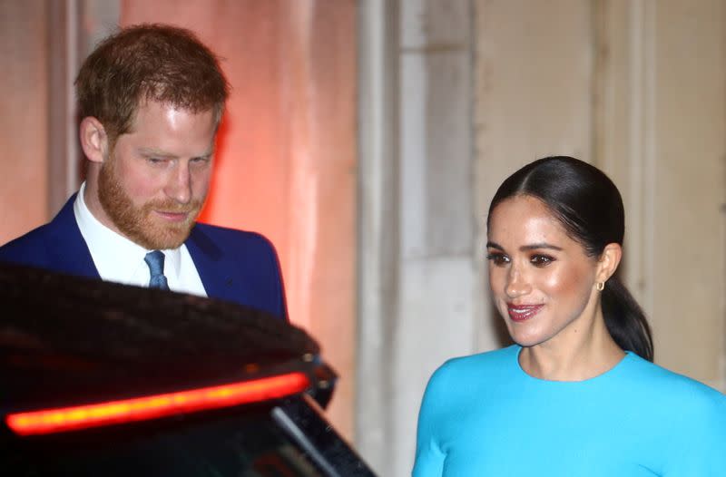 FILE PHOTO: FILE PHOTO: Britain's Prince Harry and his wife Meghan, Duchess of Sussex, leave after attending the Endeavour Fund Awards in London