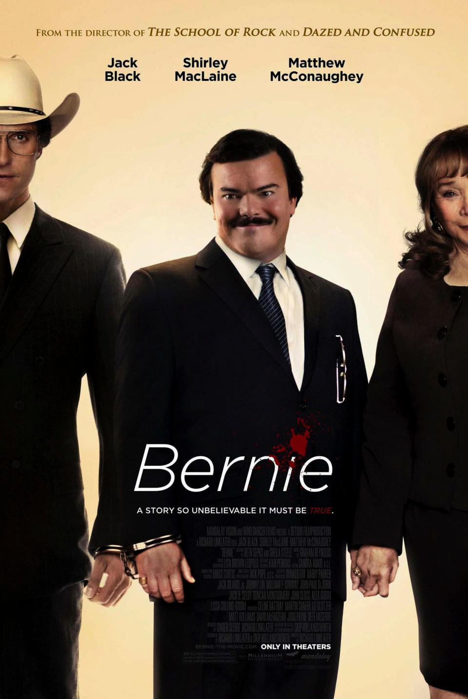 Poster image for the film "Bernie" with Bernie, depicted by Jack Black, standing between Shirley MacLaine and Matthew McConaughey with an awkward smile